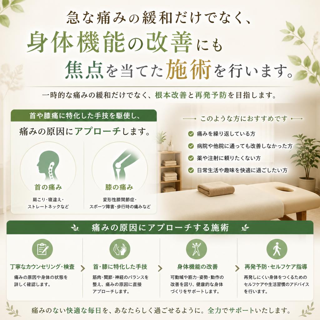 疼痛緩和と身体機能改善に特化した技術