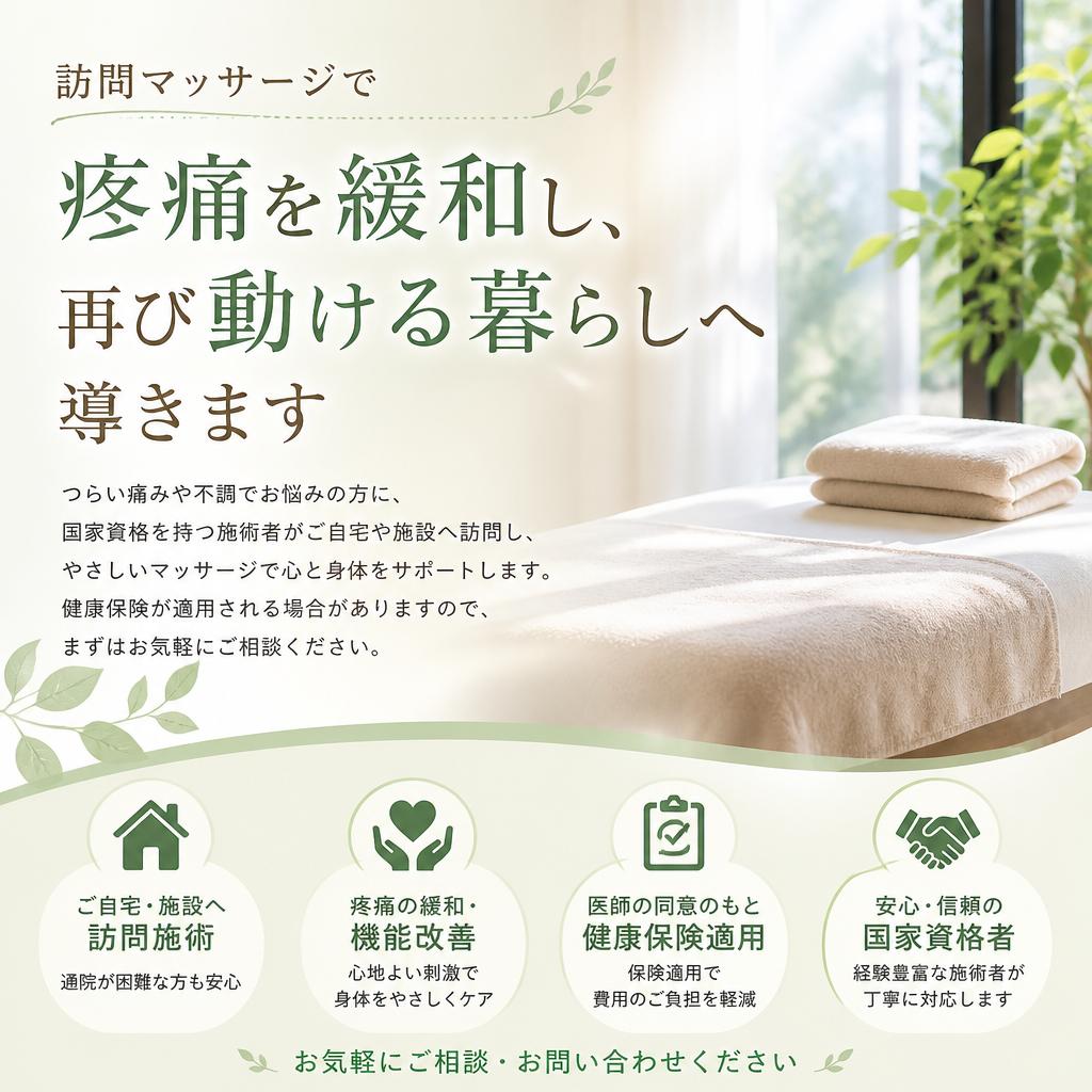 訪問マッサージで疼痛を緩和し、再び動ける暮らしへ導きます