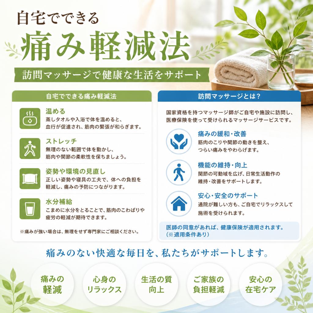 自宅でできる痛み軽減法、訪問マッサージで健康な生活をサポート
